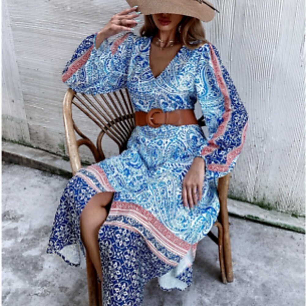 ZARA Paisley Floral Linen Maxi Dress Euro Summer Boho Beach Resort Size Small - Picture 2 of 13